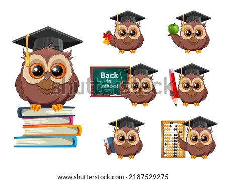 Wise owl in graduation cap, set of seven poses. Back to school greeting card. Cute owl cartoon character.