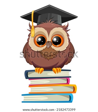 Wise owl in graduation cap sitting on books. Back to school. Cute owl cartoon character.