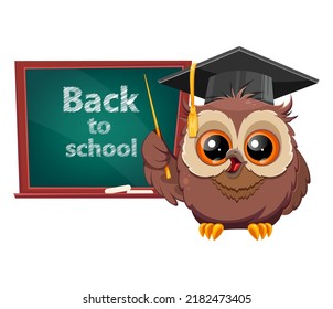 Wise owl in graduation cap standing near blackboard. Back to school. Cute owl cartoon character