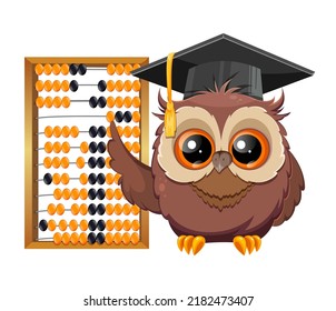 Wise owl in graduation cap standing near abacus. Back to school concept. Cute owl cartoon character. 
