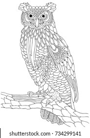 Wise owl. Hand drawn picture. Sketch for anti-stress adult coloring book in zen-tangle style. Vector illustration  for coloring page.