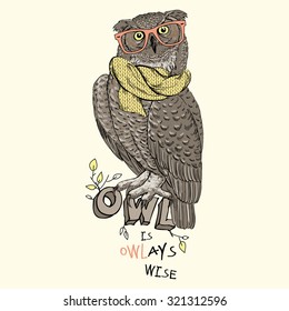 wise owl hipster, animal illustration, hand drawn graphic