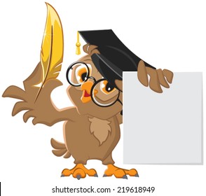 Wise Owl Holding A Golden Pen And A Sheet Of Paper. Vector Cartoon Illustration