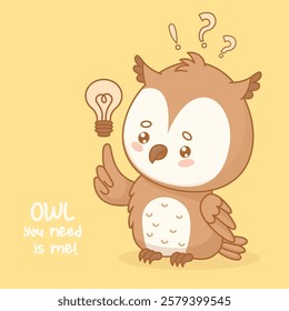 Wise Owl with Lightbulb. Idea Moment. glowing bulb and question marks, symbolizing creativity and curiosity. Funny cartoon kawaii bird character. Vector illustration. Card with cool slogan. Kids