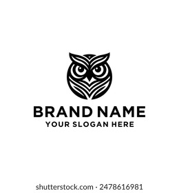 Wise Owl Logo Design. Wise Owl Vector Illustration on Black and White Background. Icon Emblem for Company Branding. Tattoo Art Style. Symbol of Wisdom and Knowledge.