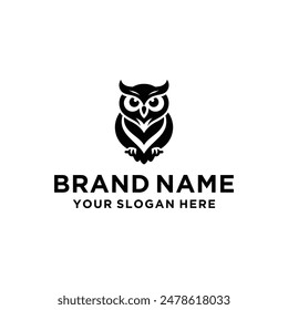 Wise Owl Logo Design. Wise Owl Vector Illustration on Black and White Background. Icon Emblem for Company Branding. Tattoo Art Style. Symbol of Wisdom and Knowledge.