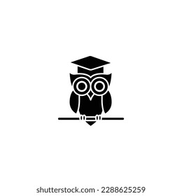 Wise owl logo fill glyph black icon shiloutte vector 