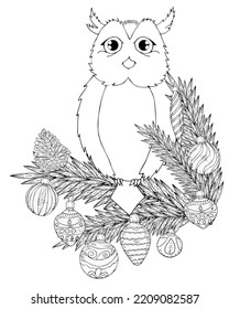 Wise owl on a Christmas tree branch with New Year Christmas decorations. Antistress coloring page