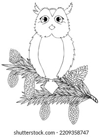 Wise owl on a Christmas tree branch with New Year Christmas decorations. Antistress coloring page