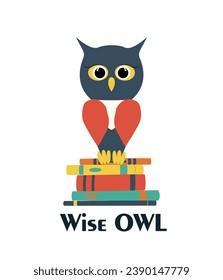Wise owl on a stack of books. Vector owl characters, learning concept. Back to school flat illustration