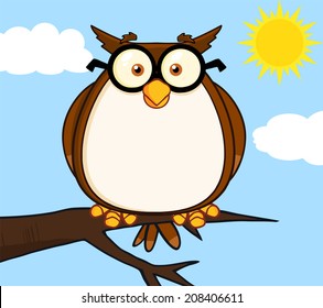 Wise Owl On Tree Cartoon Character. Vector Illustration