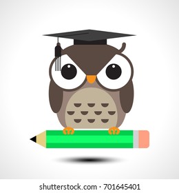 Wise owl with pencil isolated on white background. Vector illustration
