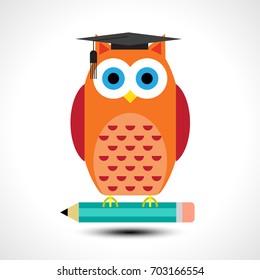 Wise owl with pencil isolated on white background. Vector illustration