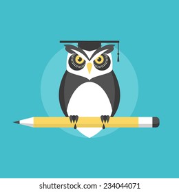 Wise Owl With Pencil, University Graduation Concept, Knowledge And Wisdom Metaphor. Flat Icon Modern Design Style Vector Illustration Concept.