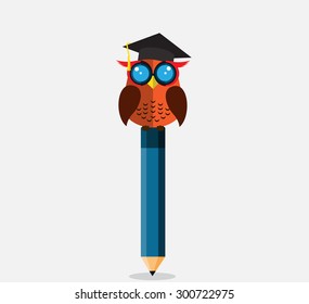 Wise owl with pencil, university graduation concept, knowledge and wisdom metaphor. Flat icon modern design style vector illustration concept.
