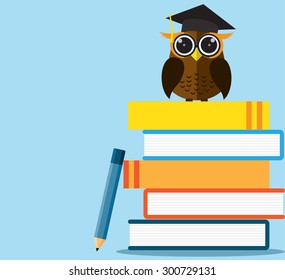  Wise owl with pencil, university graduation concept, knowledge and wisdom metaphor. Flat icon modern design style vector illustration concept.