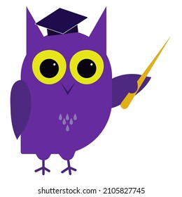 Wise owl with a pointer and academic cap. Vector smart owl clipart. 