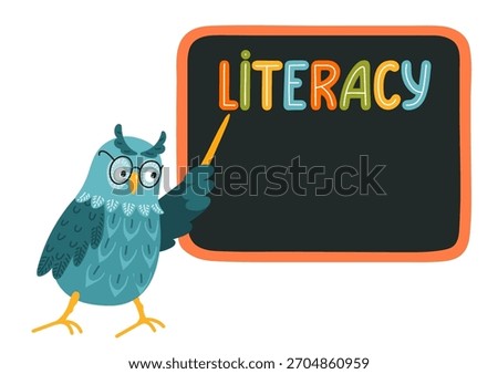 Wise owl points to blackboard with word literacy.