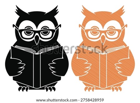 Wise owl, reading a book, wearing glasses, bird illustration, knowledge symbol, educational concept.