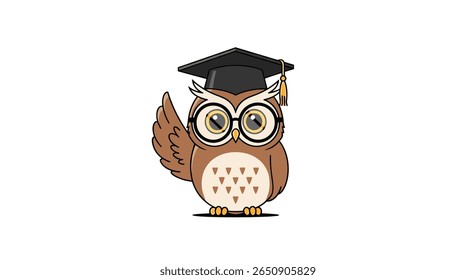 Wise owl scholar with glasses and graduation cap waving hello and teaching