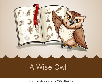 Wise owl and science book illustration