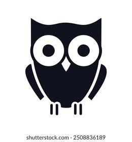 Wise owl silhouette icon. Black and white vector image of a wise owl with large, round eyes. The image represents knowledge, wisdom, and intelligence.