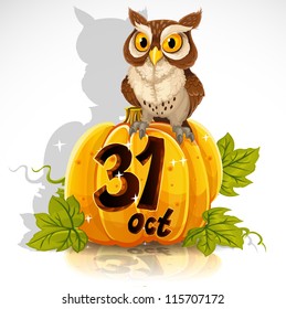 Wise owl sit on a pumpkin - Halloween Party October 31