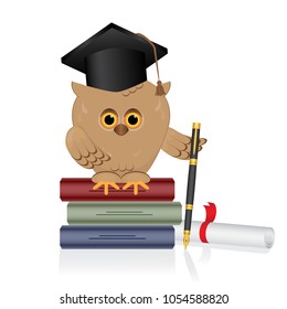 Wise owl sits on a book of knowledge, a stack of multi-colored closed books.Bird with graduate hat holding gold fountain pen in the wing