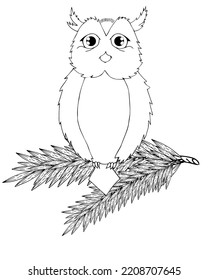 Un búho sabio se sienta en una rama. Trabajo de contorno. Úsalo como colorante, antiestrés para tu decoración. Dibujo manual. Vector.
