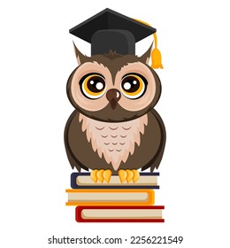 A wise owl sits on a stack of books in a cartoon style graduation cap. Vector stock illustration. isolated. Bird. An animal that lives in the forest. School and education. Colorful style.