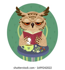 A wise owl sits at a table and reads a book. Vector illustration. Cartoon character owl.