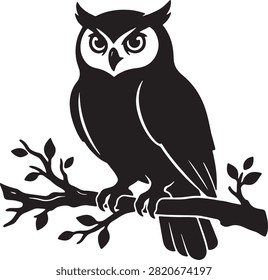 Wise owl sitting, bird on branch, wildlife illustration.