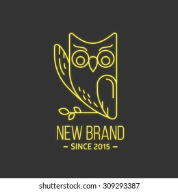 Wise owl sitting on branch with three leafs for logo template or vector outline icon isolated on black background