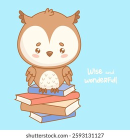 Wise Owl Sitting on stack of books. Cute cartoon kawaii bird. Vector illustration. Card with cool slogan. Kids collection