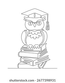 Coruja sábia sentada na pilha de livros vestindo confederate cap, desenho contínuo de uma linha, minimalismo, abstrato, símbolo da ciência, aprendizagem, grau acadêmico, uma linha. Contorno de vetor editável