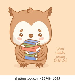 Wise Owl with stack of books. Cute cartoon kawaii bird character. Vector illustration. Card with cool slogan. Kids collection