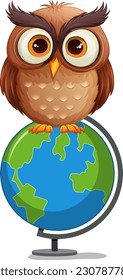 Wise Owl Standing with Globe illustration