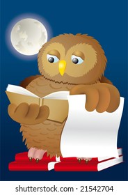 wise owl studying books in the moon shine