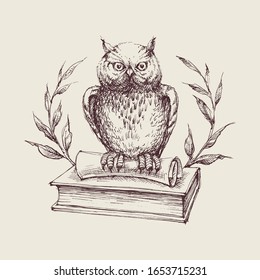 Wise owl symbol, books, laurel and scroll, education concept