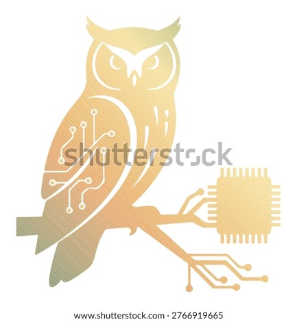 Wise owl symbol, technology concept, digital circuits, art illustration, gradient texture.