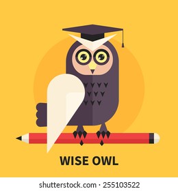 Wise owl - symbol of wisdom, learning and knowledge - isolated flat vector illustration.