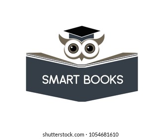 Wise owl as symbol of wisdom. Vector logo. Smart owl with a book.