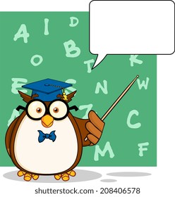 Wise Owl Teacher Cartoon Character With A Speech Bubble And Background. Vector Illustration 