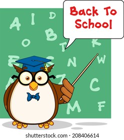 Wise Owl Teacher Cartoon Mascot Character With A Speech Bubble And Text. Vector Illustration 