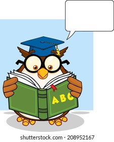 Wise Owl Teacher Cartoon Mascot Character Reading A ABC Book And Speech Bubble. Vector Illustration Isolated on white