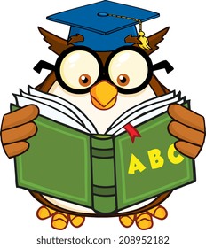 Wise Owl Teacher Cartoon Mascot Character Reading A ABC Book. Vector Illustration Isolated on white