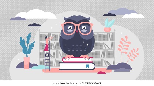 Wise owl vector illustration. Knowledge symbol flat tiny persons concept. Library books education for university, college or school graduation. Academic smart, clever and wisdom bird visualization.