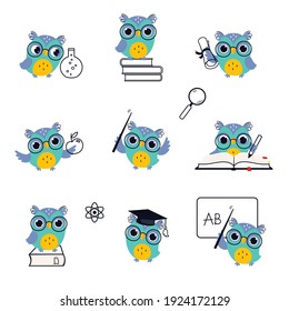 Wise Owl Wearing Glasses in Various Actions Set, Cute Bird Teacher Cartoon Character Teaching at Lesson Vector Illustration