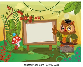 Wise Owl with writing board on a nature scenery. (Vector illustration)