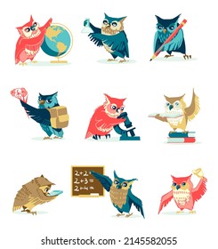 Wise owls studying school subjects set. Clever birds teachers characters teaching students, doing scientific research and experiments. Back to school, education concept cartoon vector illustration